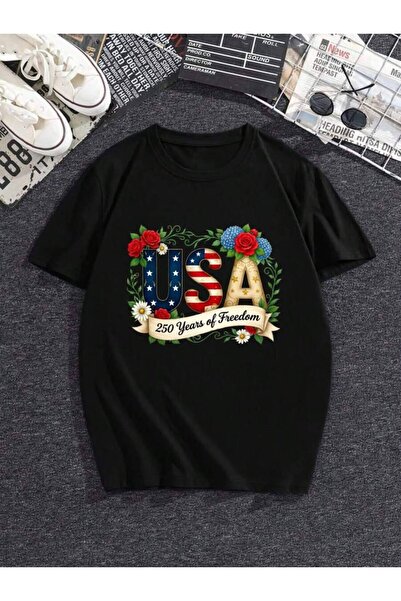4CR تي شيرت بطباعة حروف USA بنمط Years Freedom Floral، تي شيرت بطباعة Patriot...