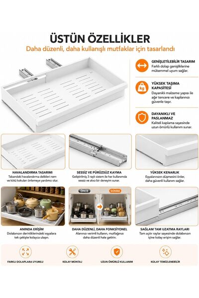 wise tree Beyaz Yapışkanlı Metal Dolap İçi Düzenleyici Raylı Dolap Organizeri, Ayarlanabilir Sürgülü Mutfak Rafı Tencere Tava temizlik gereçleri Lavabo Altı Organizer