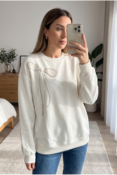 FEMELLE White 100% Cotton Bead Embroidered Sweatshirt with Ribbon Pattern