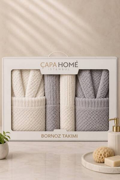 HAZARPAZAR Aile Bornoz Seti %100 Pamuk 6 Parça (2 Adet Bornoz + 2 Adet Baş Ha...