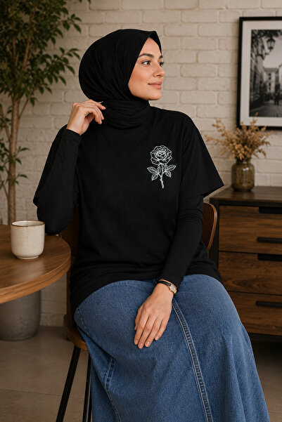 BAGAND Premium Minimal Rose Printed Black Oversize Women's T-Shirt Floral Pat...