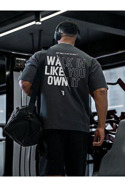 ZAVIXO Antrasit Oversize Walk In Like You Own It Baskılı T-Shirt Fitness Gym ...