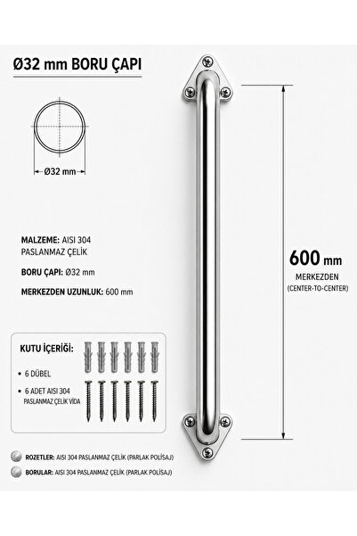 OnurBüküm Çap 32 Yaşlı Hasta Engelli Paslanmaz Çelik Tuvalet Tutunma Barı 60cm
