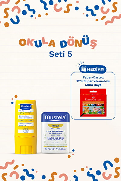 Mustela SPF 50 Güneş Stick 9ml + Cold Cream Nemlendirici Stick 9,2g + 12'li M...