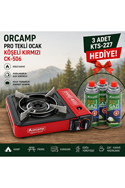 YANARLAR Orcamp Pro CK-506 Köşeli Kırmızı Tekli Ocak – 3 Adet KTS-227 Gaz Kar...