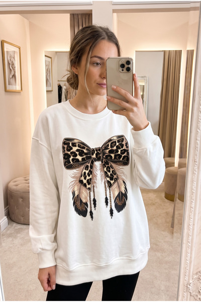 FEMELLE White 100% Cotton Bead Embroidered Bow Patterned Sweatshirt