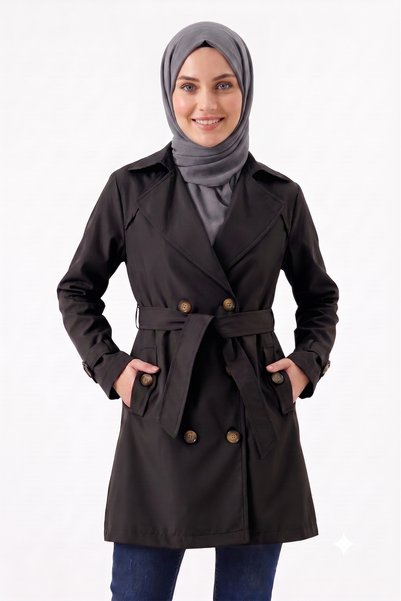B.HE.Z Women's Degaje Collar Half-Length Hijab Lined Belted Water-Repellent Fabric Trench Coat Black