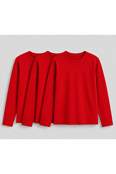 cesita Red Crew Neck Cotton 3-Piece Long Sleeve Boys Girls School T-Shirt Blouse