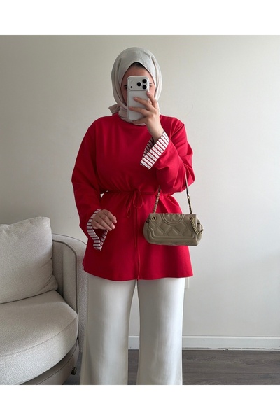 ELLA Yaka ve Kolları Çizgi Garnili Bağlamalı Sweatshirt