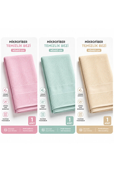 HOME 3’lü Mikrofiber Temizlik Bezi 40x60 cm – Pembe, Mint ve Hardal Çok Amaçlı Cam Mutfak Bezi