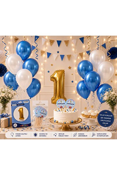 1 Yaş Erkek Kutlama Seti-5 Mavi 5 Beyaz Metalik Balon-1 Yaş Helyum Balon-1 Yaşındayım Pasta Süsü