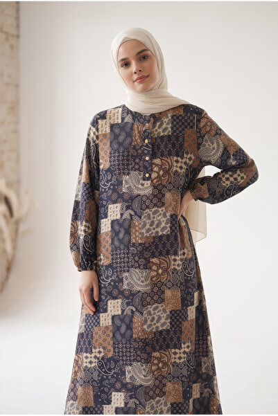 tuvadi Women's Bohemian Block Patterned Lilyum Fabric Dress - Hijab Dress Plu...