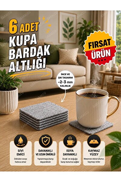 garaccu Premium Keçe Kare Bardak Altlığı 6 Adet Gri