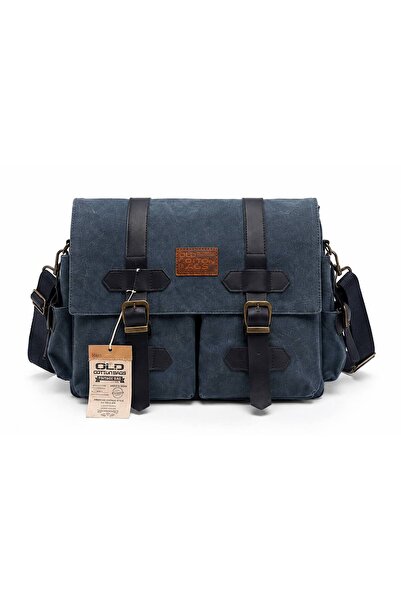 OLD COTTON BAGS Lacivert Unisex Vintage Kanvas Çok Bölmeli Postacı Omuz Çanta...