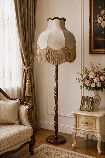 Dekovien Vizon Kadife Başlık Kahve Ahşap Ayaklı Lambader Vintage Model 170x45cm