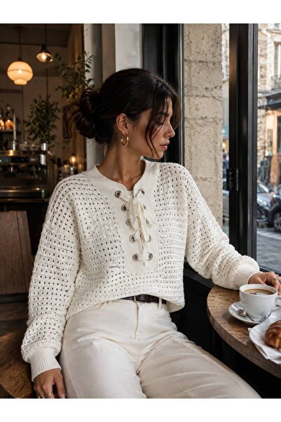 REELMODA Women's Lace-Up Blouse with Eyelet Detail on the Front, Premium Qual...