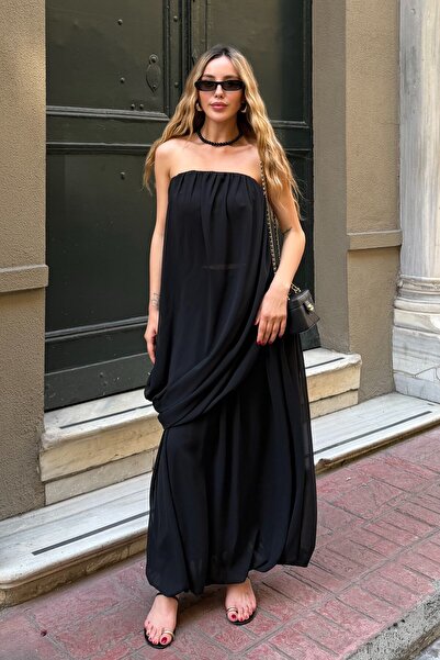 Laluvia Black Balloon Form Chiffon Double Set - 8617