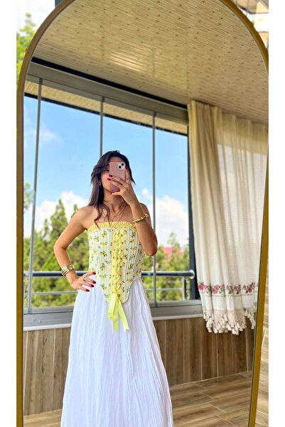 Liora Luxe Çiçek Desenli Bağcık Detaylı Straplez Korse Sarı