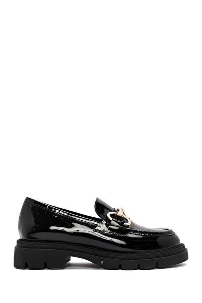 Derimod Women's Black Buckle Thick Soled Leather Masculine Loafer Af210000Dv