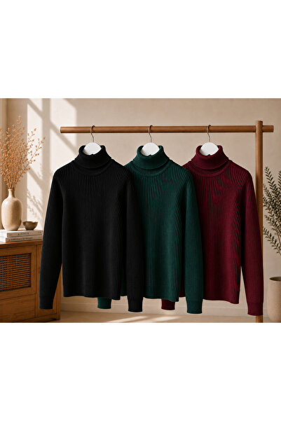pepule Women's 3-Piece Body-Fitting Turtleneck Ribbed Knit Sweater