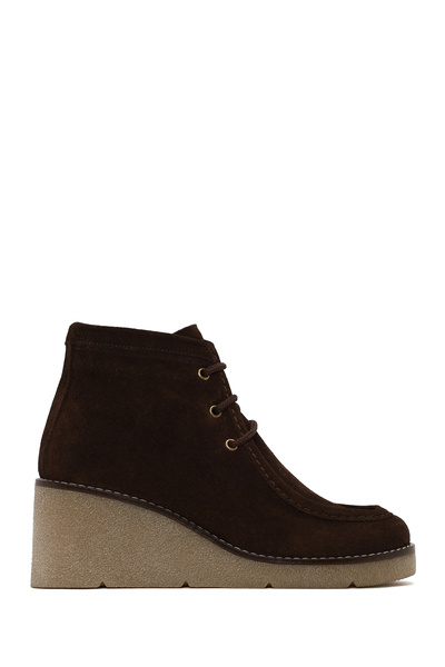 Derimod Women's Brown Lace-Up Wedge Heeled Suede Leather Boots Af170023Ds