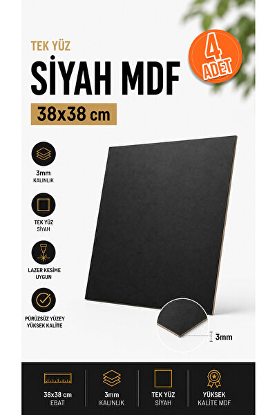 MDesign 4 Adet Tek Yüzü Siyah MDF Plaka 38x38 cm 3 mm Ahşap Levha Lazer Kesim...