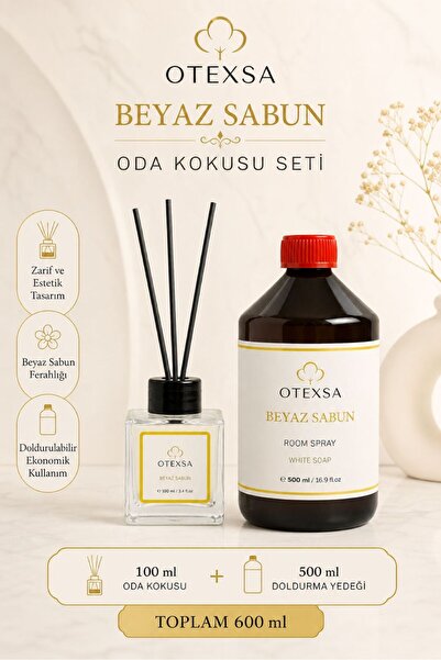 OTEXSA Beyaz Sabun Çubuklu Oda Kokusu Seti 100 ml + 500 ml Doldurma Yedeği, 3...