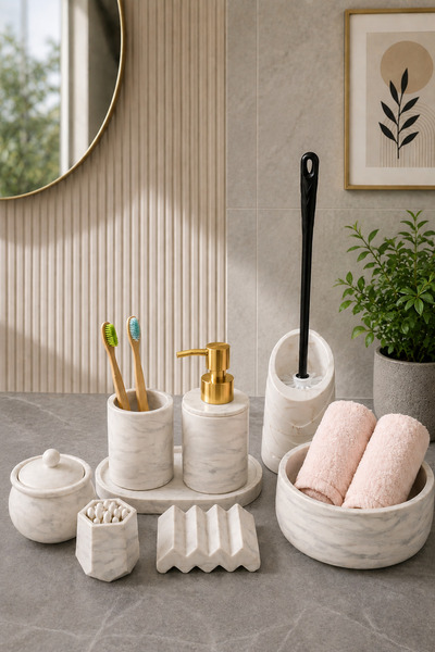 Mermer Desenli Beton 8'li Banyo Seti Sıvı Katı Sabunluk Tuvalet Fırçası Diş Fırçalık ve Banyo Aksesuar Seti