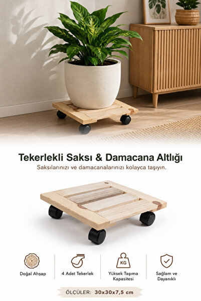 Binbirreyon Wooden Wheeled Flower Pot Base 30X30Cm 4-Wheel Bottle Tube Base D...