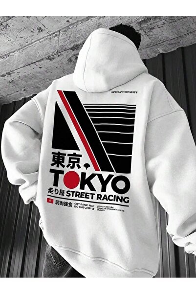 ZAVIXO Tokyo Street Racing Baskılı Beyaz Oversize Kapüşonlu Sweatshirt Unisex...