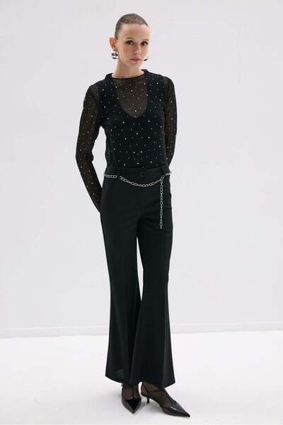MODİVA MİX New Season! Women's High-Waisted Spanish Flare Pants with Chain Belt - Suitable for Hijab Wear