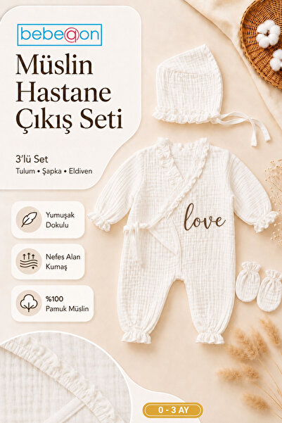 bebeqon 3 Parça %100 Pamuk Müslin Ekru Love Baskılı Fırfırlı Kruvaze Hastane Çıkış Seti 0-3 Ay