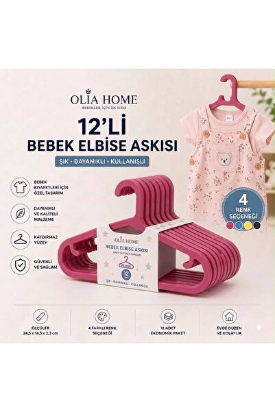 OLİAHOME Olia Home 12’li Bebek Elbise Askısı Çocuk Kıyafet Askısı Kaydırmaz P...