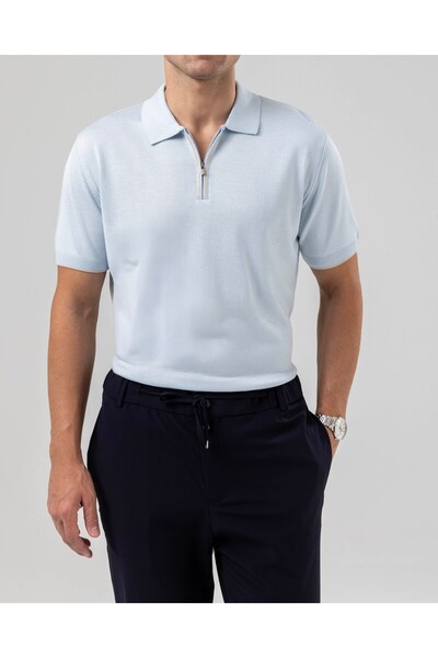 TerziAdemAltun Italian Style Slim Fit Polo Collar Knitwear T-Shirt Blue T14449
