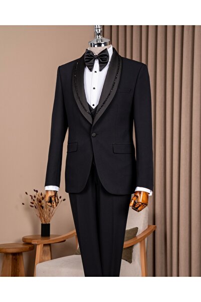 TerziAdemAltun Slim fit şal yaka taşlı ceket yelek pantolon damatlık set siya...