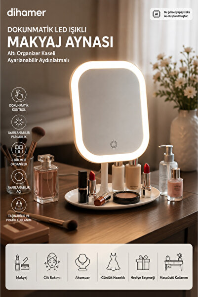 Dihamer Dokunmatik LED Işıklı Kare Makyaj Aynası – Altı Organizer Kaseli, Aya...