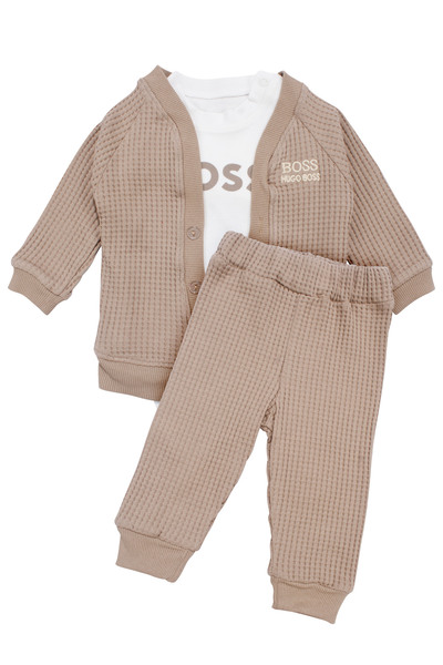 bebegen Baby Boy Ecru Brown Buttoned Cardigan Embroidered 3-Piece Set