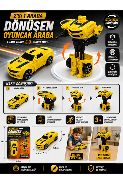 Erka 2’si 1 Arada Dönüşen Oyuncak Araba Robot – Otomatik Dönüşümlü Sarı Çocuk...