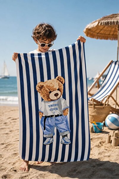 YoldaBebekVar Children's Beach Towel – Striped Teddy Bear Pattern, Cotton, So...