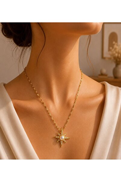 MARE BUTİK Gold Color Steel Necklace with Pearl Detail and Star Figure