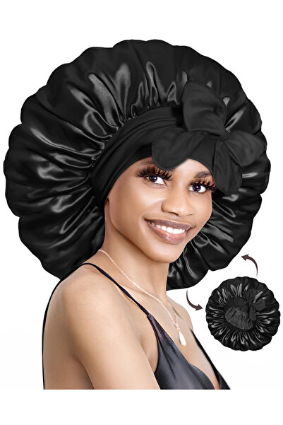 OEM Bonetă din satin pentru păr lung/creț afro, reversibilă, ajustabilă, neag...