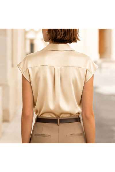 Perryes Women's Solid Color Satin Front Button Shirt, Office Summer Lightweight