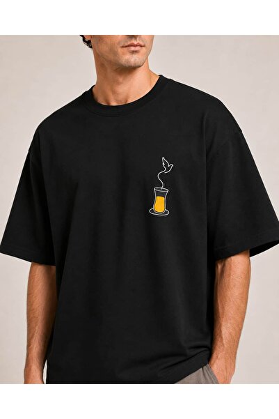 CANMODA Black Oversize Minimal Tea and Bird Printed Design T-Shirt
