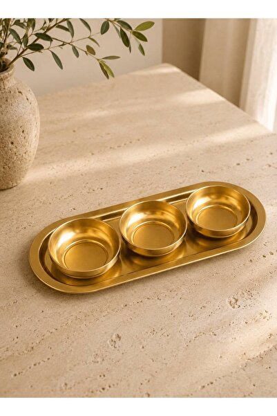 LEONEV Gold Oval Presentation Tray and 3 Metal Snack Bowls
