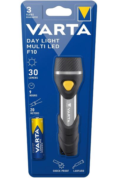 Varta Day Light Multi LED F10 Taschenlampe mit 5 LEDs (inkl. 1xAA Longlife Power Batterie, ideal für Haushalt, Camping, Angeln, Garage, Notfall, Stromausfall, Outdoor) | Darbeye dayanıklı 3 bileşenli