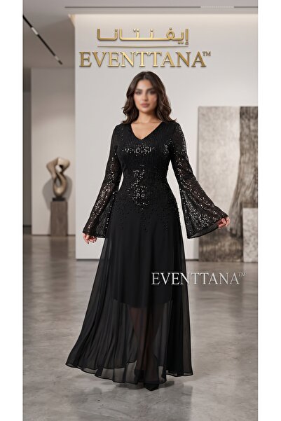 EVENTTANA فستان سهرة أسود شيفون طويل بترتر |