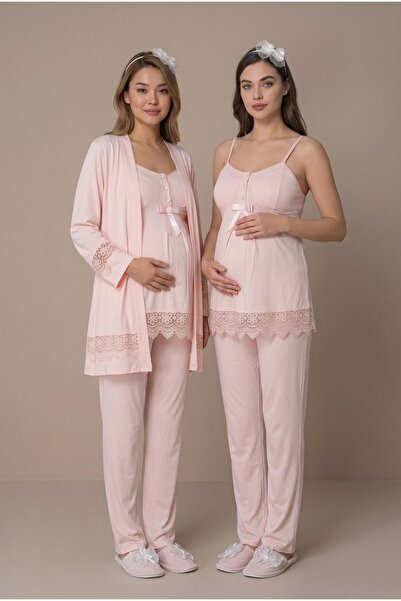 LOHOUSE Women's Powder Thin Strap Lace Maternity Pajama Set with Dressing Gown
