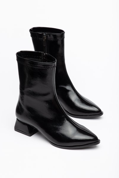 moda rees Women's Black Patent Leather Heeled Pointed Toe Zippered Casual Boots