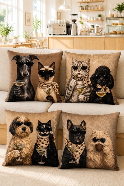 EVPANYA Set of 4 Throw Pillow Covers with Cat and Dog Patterns in Coffee Shades