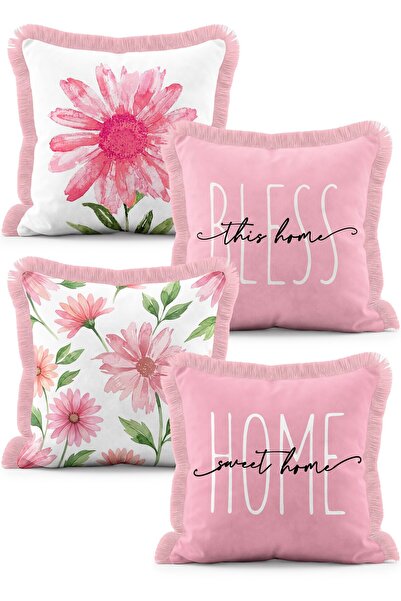 IdeCraft Pembe Papatya Desenli ve Home Sweet Home Yazılı 4'lü Saçaklı Kırlent...